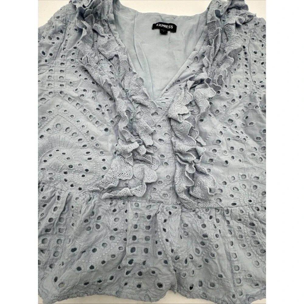 Express Women's Small Light Blue Eyelet Ruffles Peplum V-Neck Long Sleeve Top